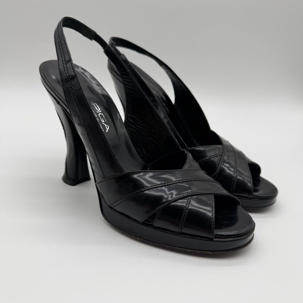 Vintage VIA SPIGA Black Leather Peep Toe Slingback Heels Platform Y2K 6.5